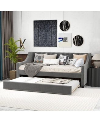 Twin Size Daybed with Trundle Sofa Bed with Curved Armrests and Backrest