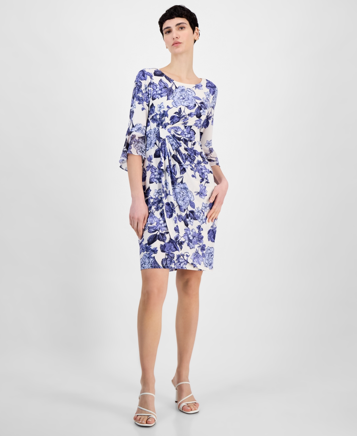 Women's Printed Side-Tab Bell-Sleeve Dress - Ivory.Blue