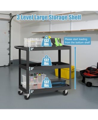 3-Tier Metal Utility Cart Trolley Tool with Flat Handle and 2 Lockable Universal Wheels