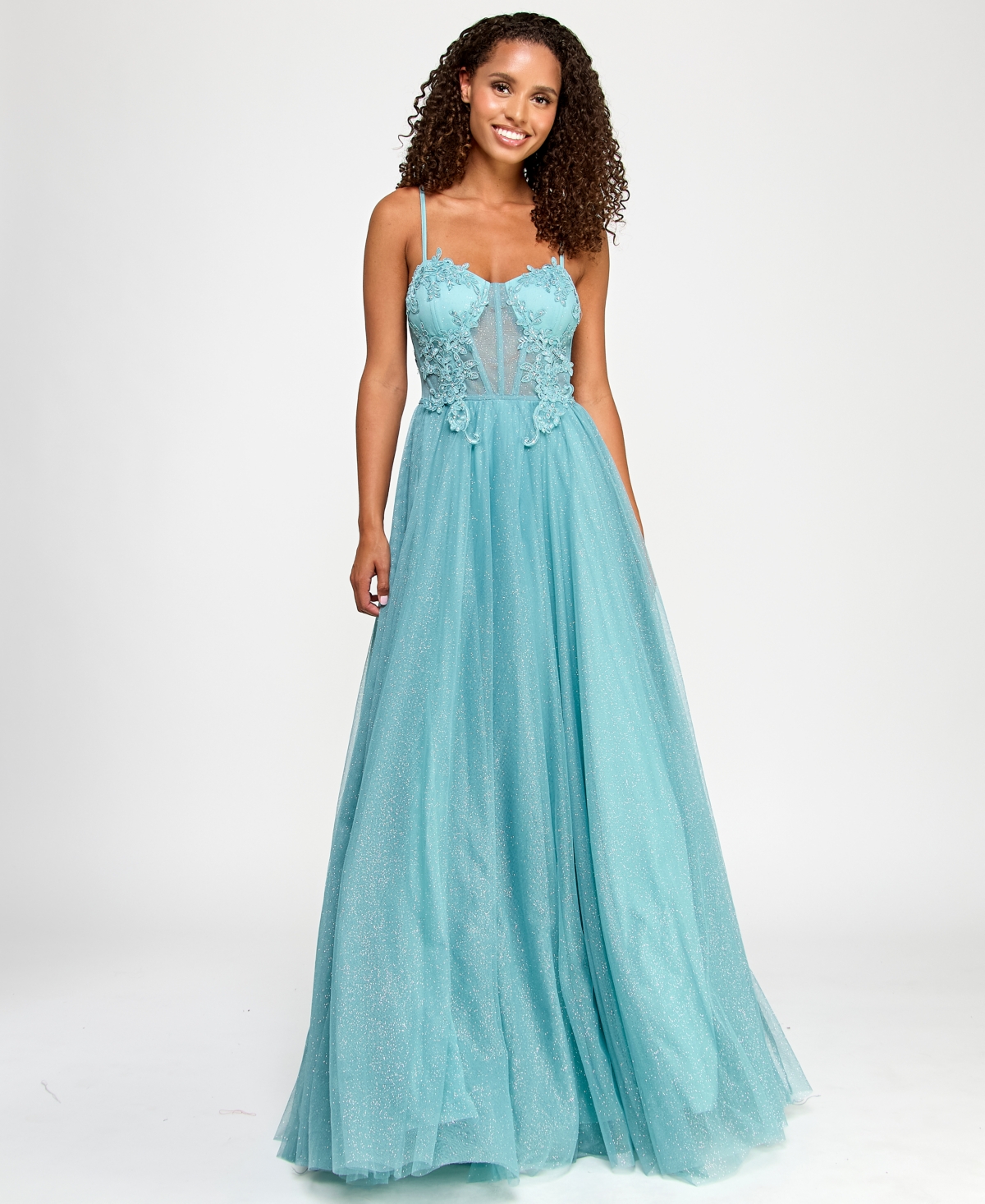 CITY STUDIOS JUNIORS' EMBELLISHED LACE-TRIM CORSET GOWN 