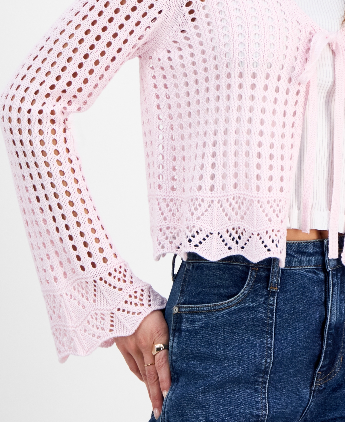 Hooked Up By Iot Juniors' Tie-front Crochet Cardigan Sweater In Tender Touch