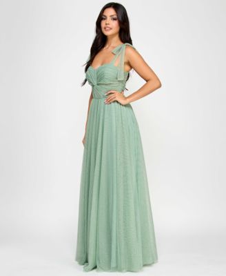 Juniors' Twist-Front Shoulder-Tie Glitter Gown