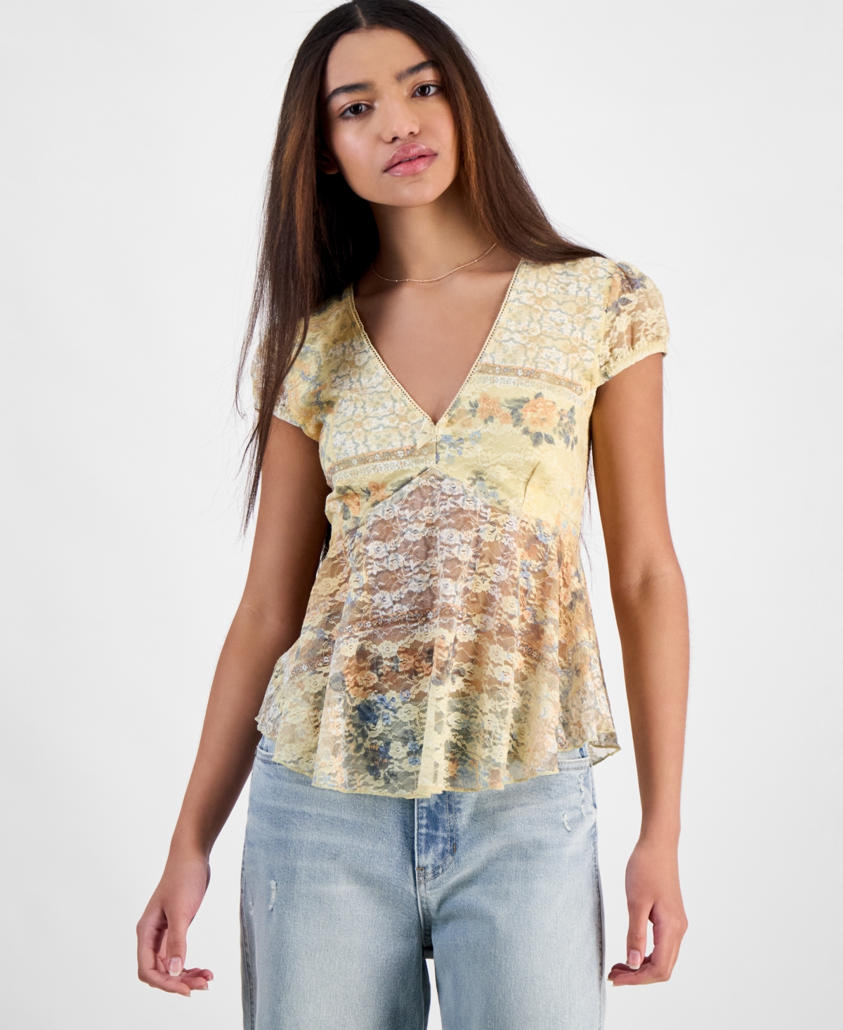 Juniors' V-Neck Cap Sleeve Babydoll Lace Top - Navy Blazer Combo