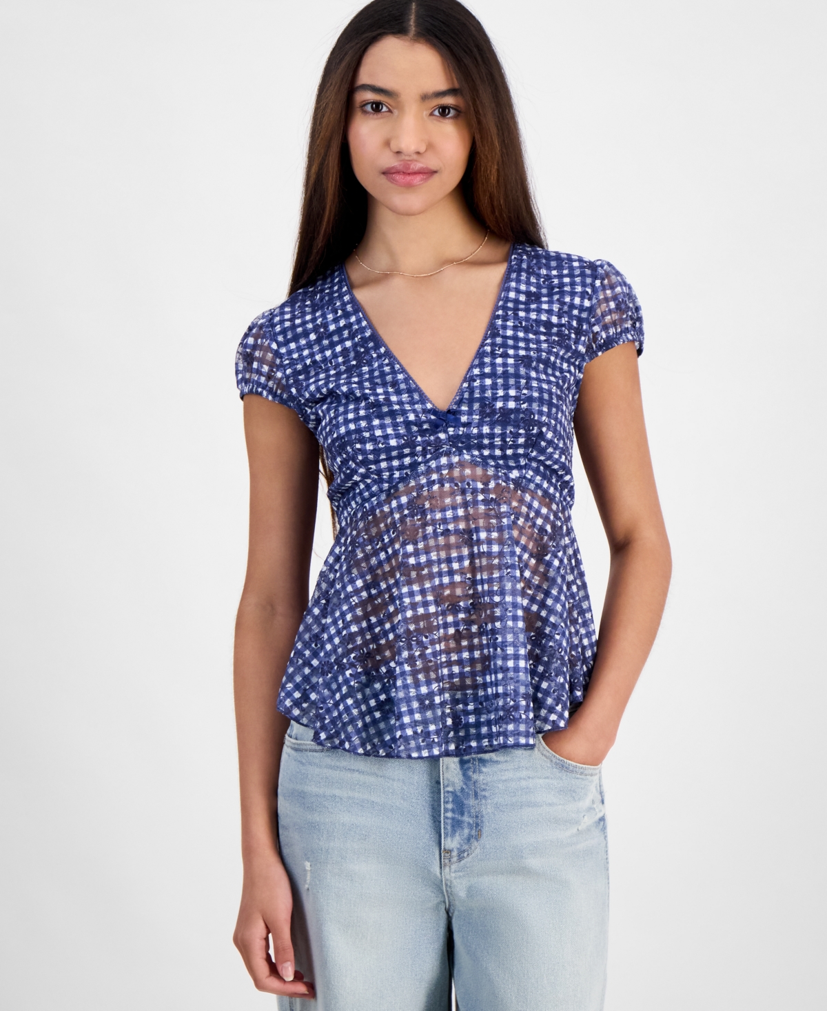 Juniors' V-Neck Cap Sleeve Babydoll Lace Top - Navy Blazer Combo