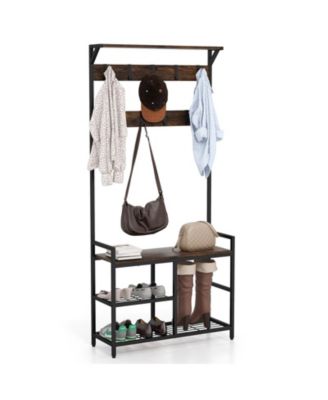 71 Inch Freestanding Hall Tree with Shoe Bench and 9 Removable Hooks