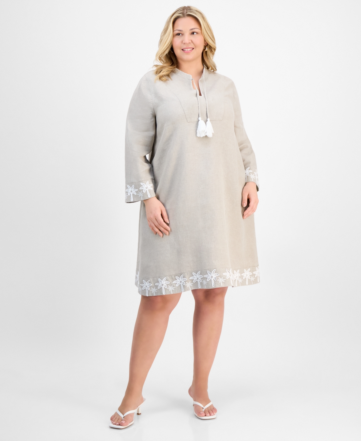 Charter Club Plus Size Tassel-tie Linen Long-sleeve Dress, Exclusively At Macy's