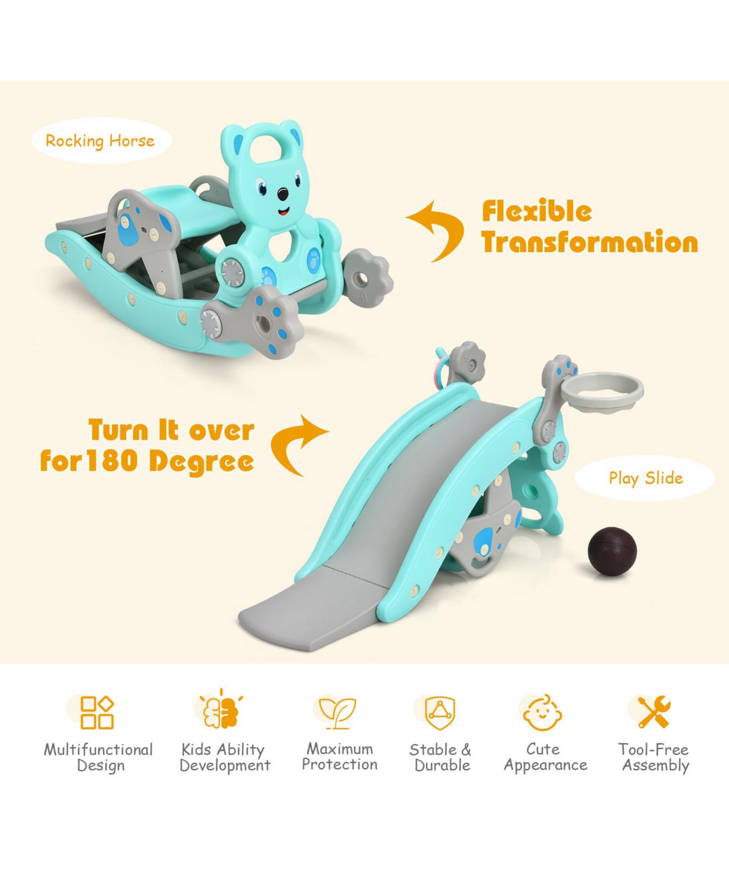 Детский игровой набор GOUUN 4-in-1 Toddler Rocking Horse Playset with Slide & Basketball Hoop, Ages 1-5, цвет: Синий — фото 5