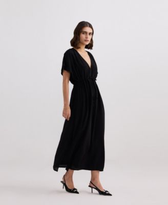Women's V-neck Gathered Maxi Dress in Black