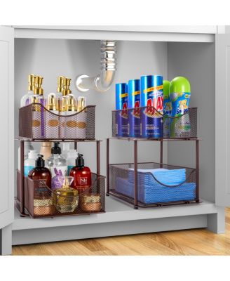 2-Pack Two-Tier Storage Baskets with Mesh Sliding Drawers for Cabinet, Under Sink, Bathroom, Kitchen, Office