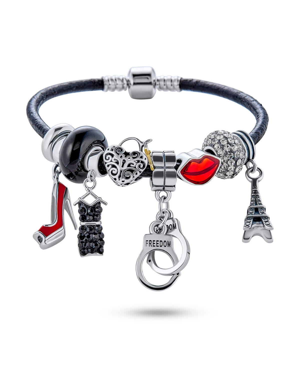 Bling Jewelry Handcuff Themed Multi Charm Heart Charm Bracelet Black Leather Sterling Silver 6.5-8