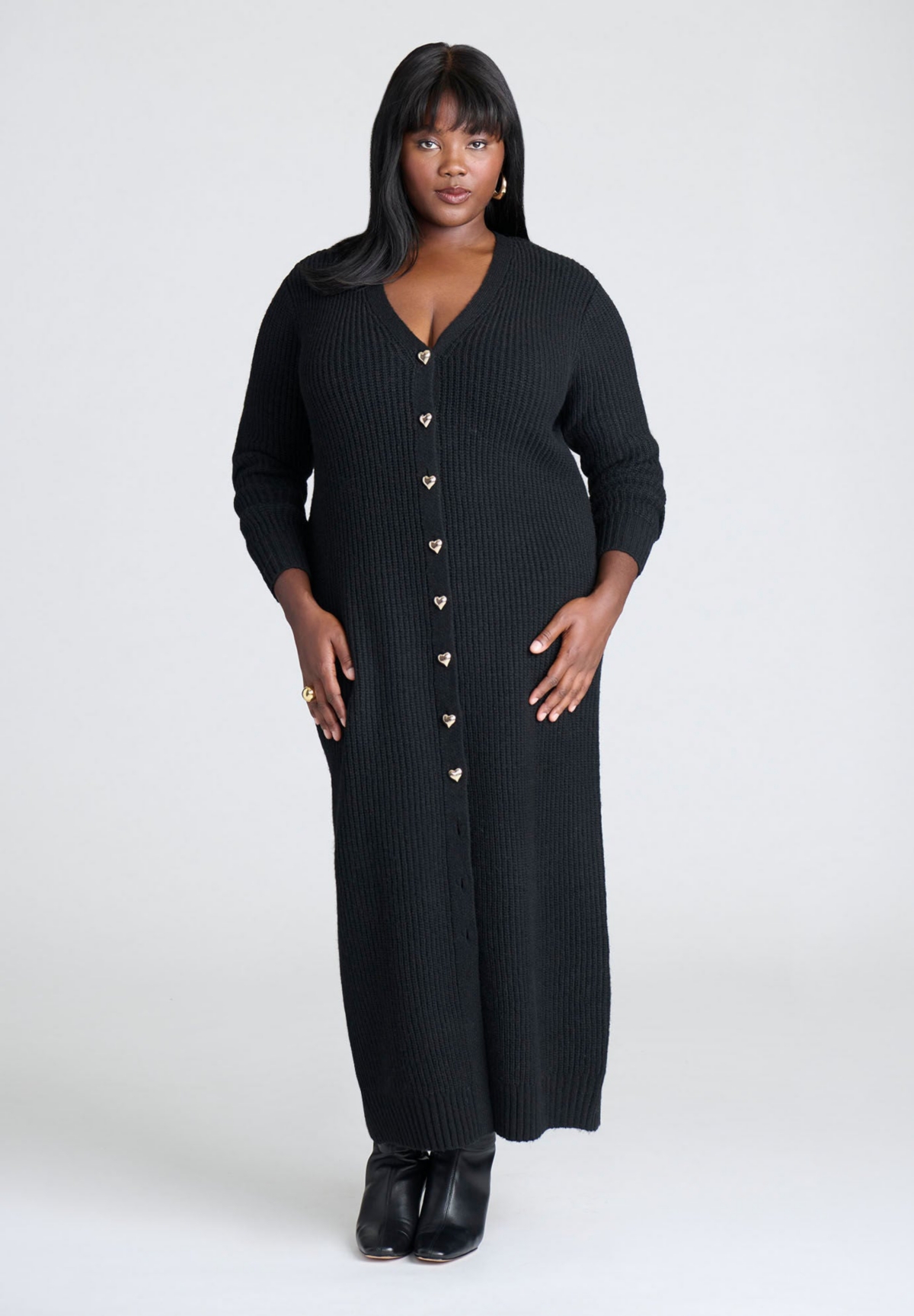 Plus Size Heart Button Sweater Dress - Black