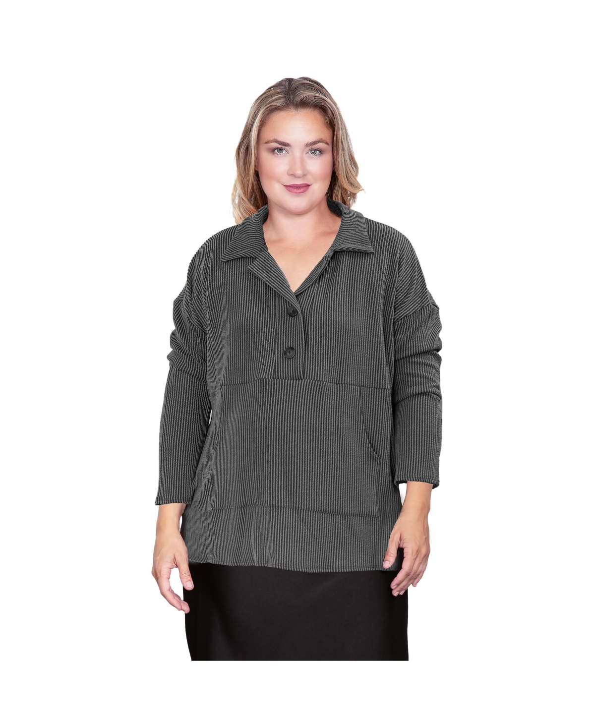 Plus Size Long Sleeve Collared Henley Button Up Shirt - Charcoal