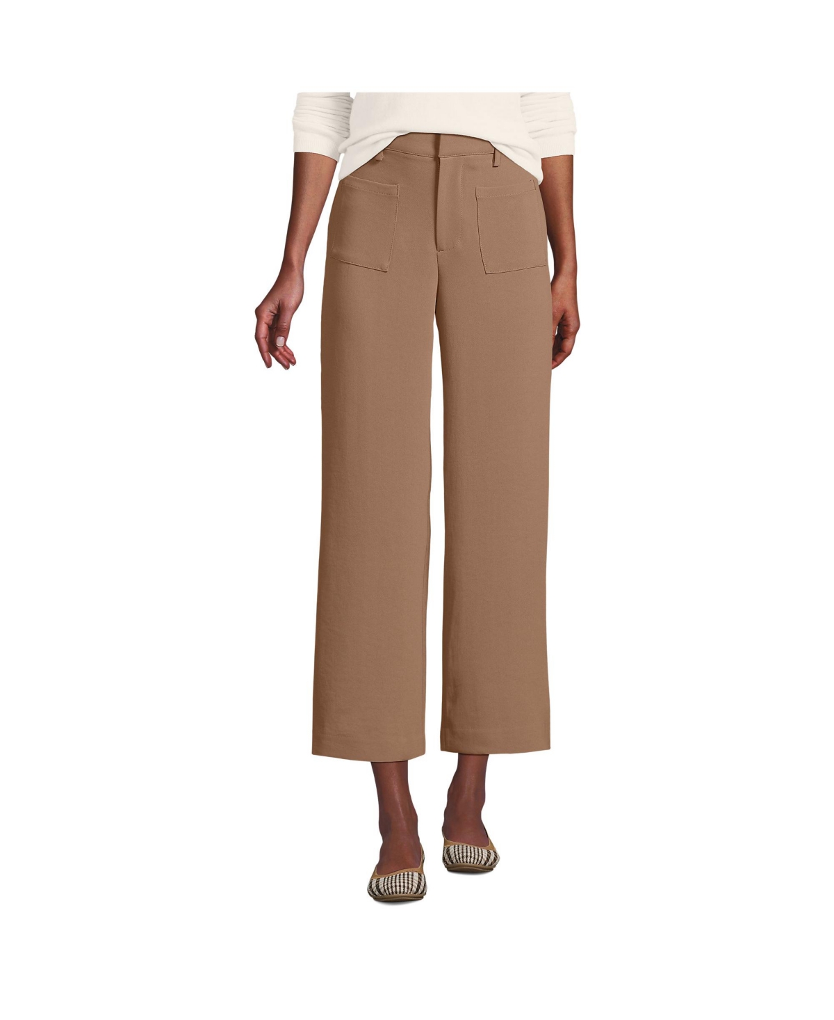 Women's Crepe High Rise Patch Pocket Wide Leg Crop Pants - Honey beige