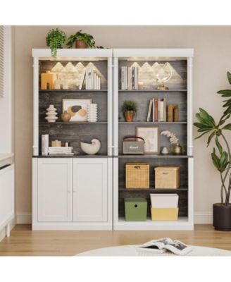 Tall Storage Bookcase with 3-Tier Open Shelves and Double Door, Roman Column Design and 4 Adjustable Lights, White & Black Wood Grain Display Storage Cabinet for Home Office, Living Room