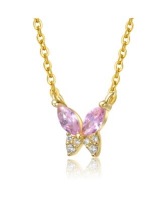 14k Gold Plated with Pink Cubic Zirconia Butterfly Pendant Necklace