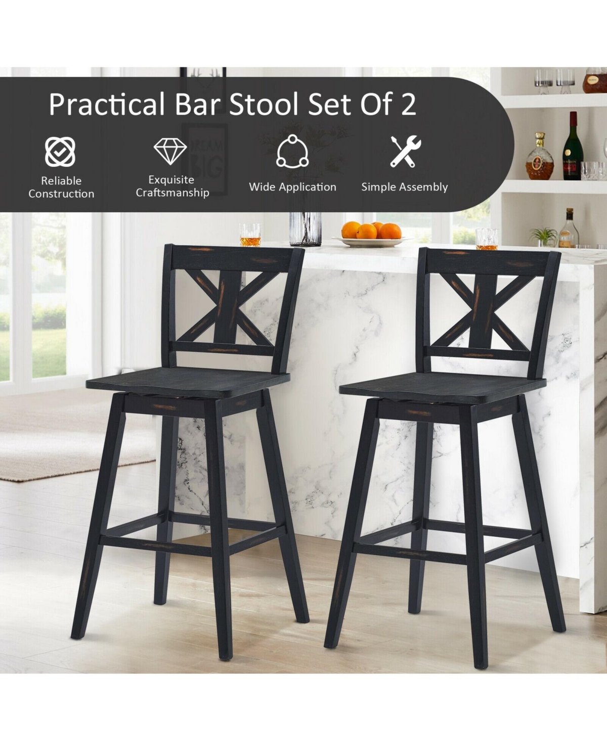 Gouun Set of 2 360-Degree Swivel Bar Stools for Home Restaurant