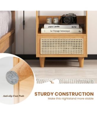 Bamboo Rattan Nightstand with Drawer and Solid Wood Legs