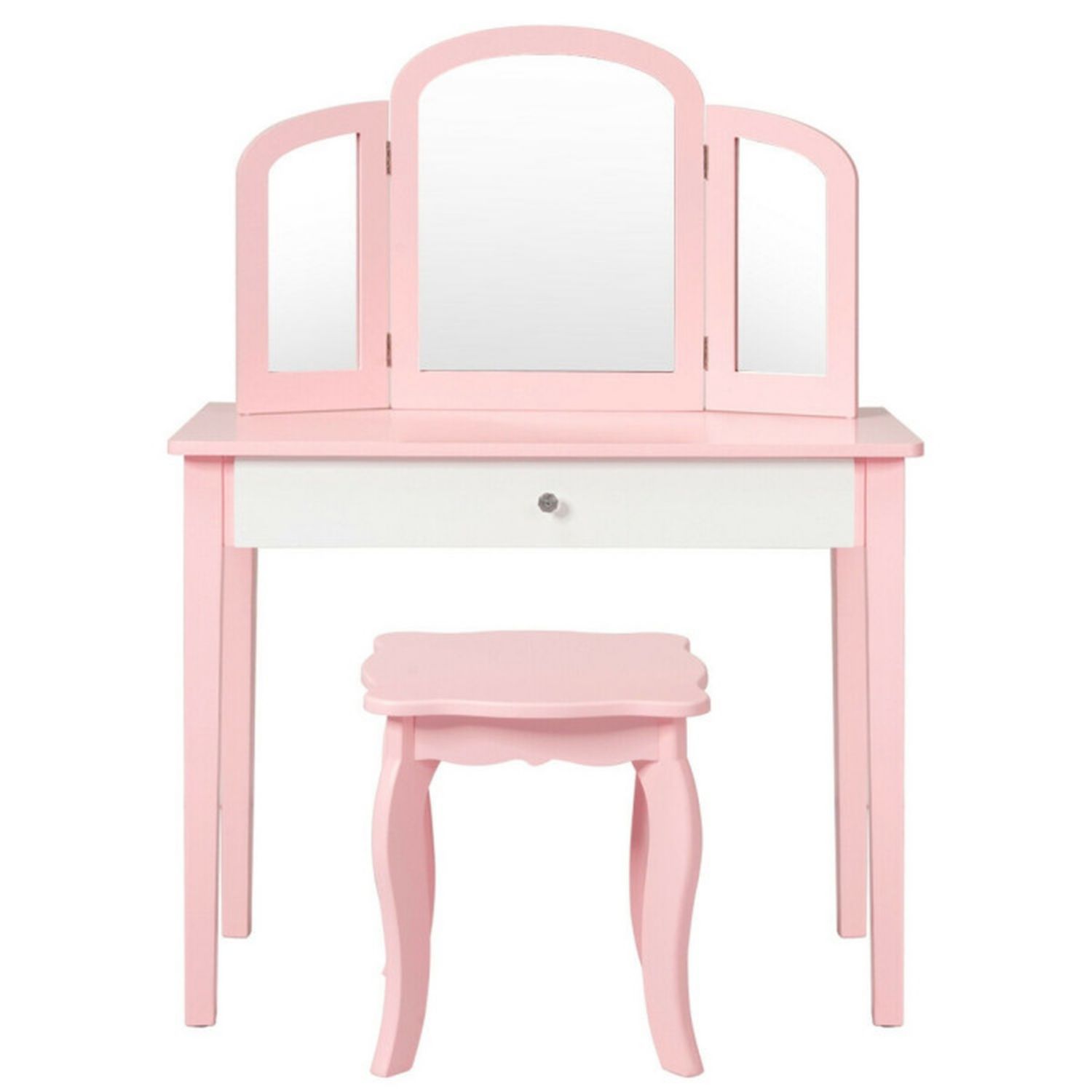 Kids Princess Vanity Dressing Table Set with Tri-Fold Mirror and Chair