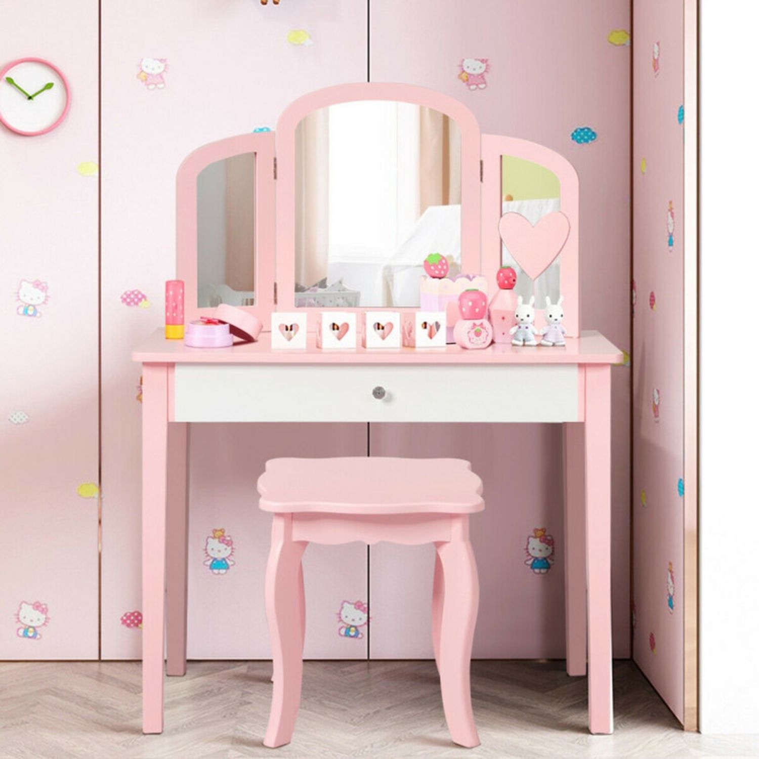 Kids Princess Vanity Dressing Table Set with Tri-Fold Mirror and Chair