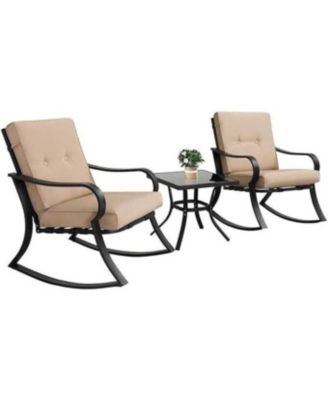 3 Piece Patio Conversation Set with Rocking Chairs and Soft Cushions-Beige