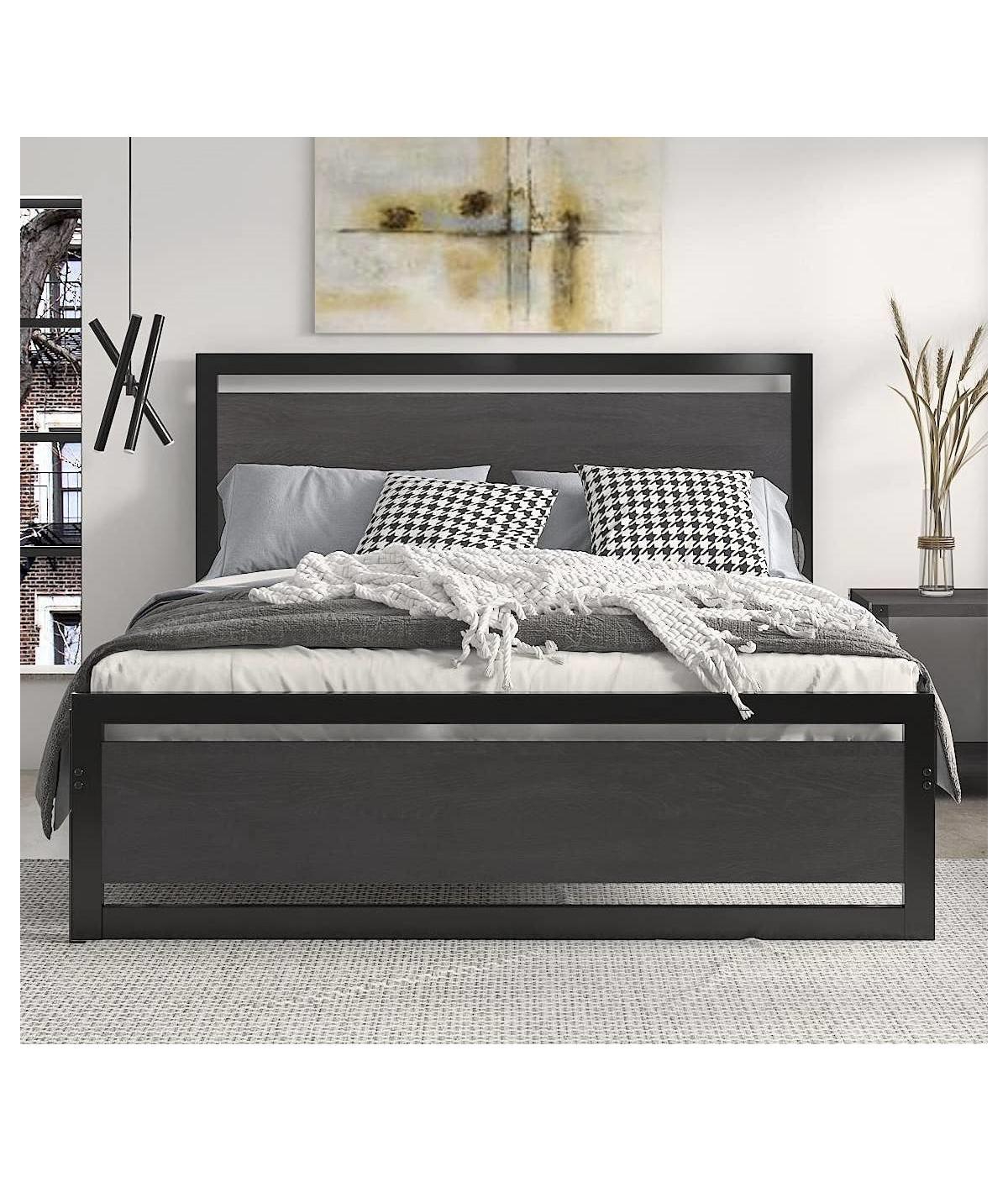 Industrial Metal Platform Bed – Wood Headboard and Footboard with Slat Support, No Box Spring Required