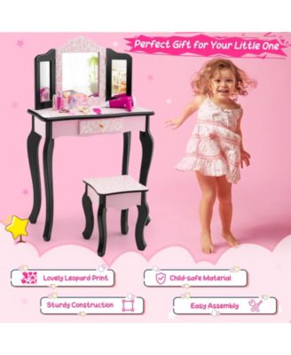 Kid Vanity Set with Tri-Folding Mirror and Leopard Print