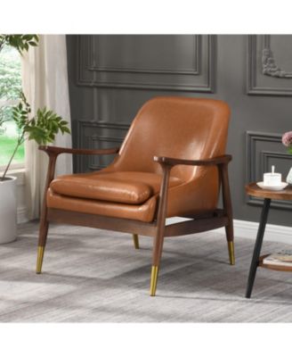 9.2'' Mid-Century Faux Leather Accent Chair with Cushioned Seat, Solid Wood Frame, and Brass-Tipped Legs，Brown