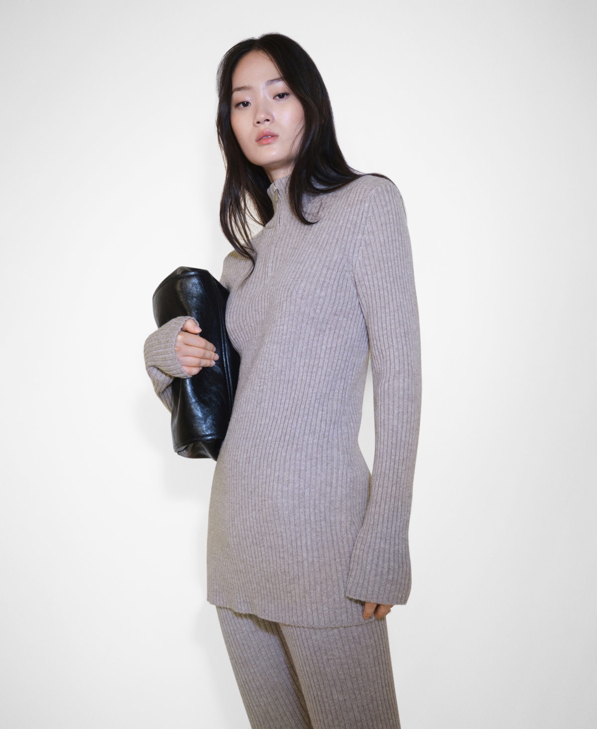 Mango Women's Zipper Detail Ribbed Sweater - Pastel Gray