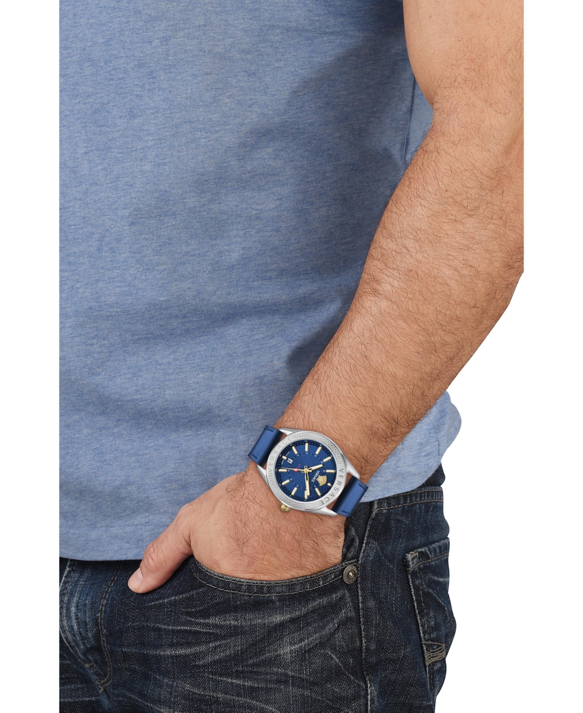 Versace Men's V-code Silver Stainless Steel And Leather Strap Watch, 42mm In Silver,blue