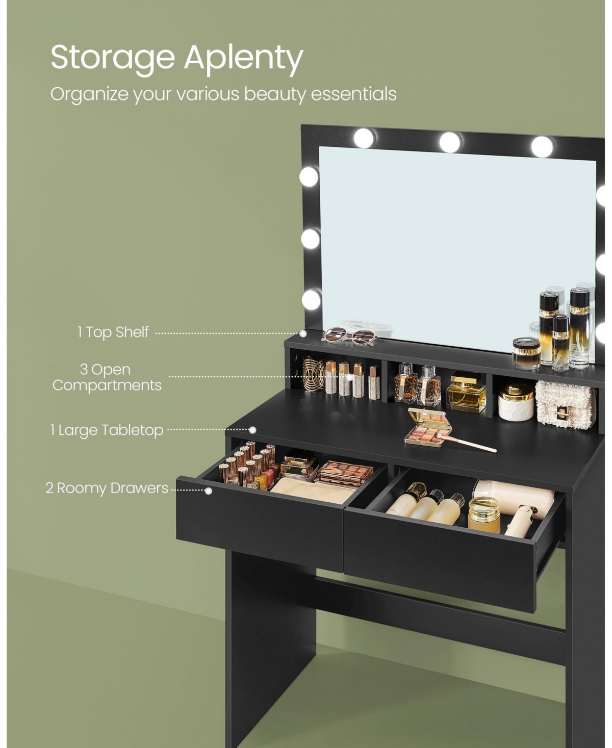 Slickblue Vanity Desk with Mirror and Lights, Makeup Vanity with Upholstered Vanity Stool
