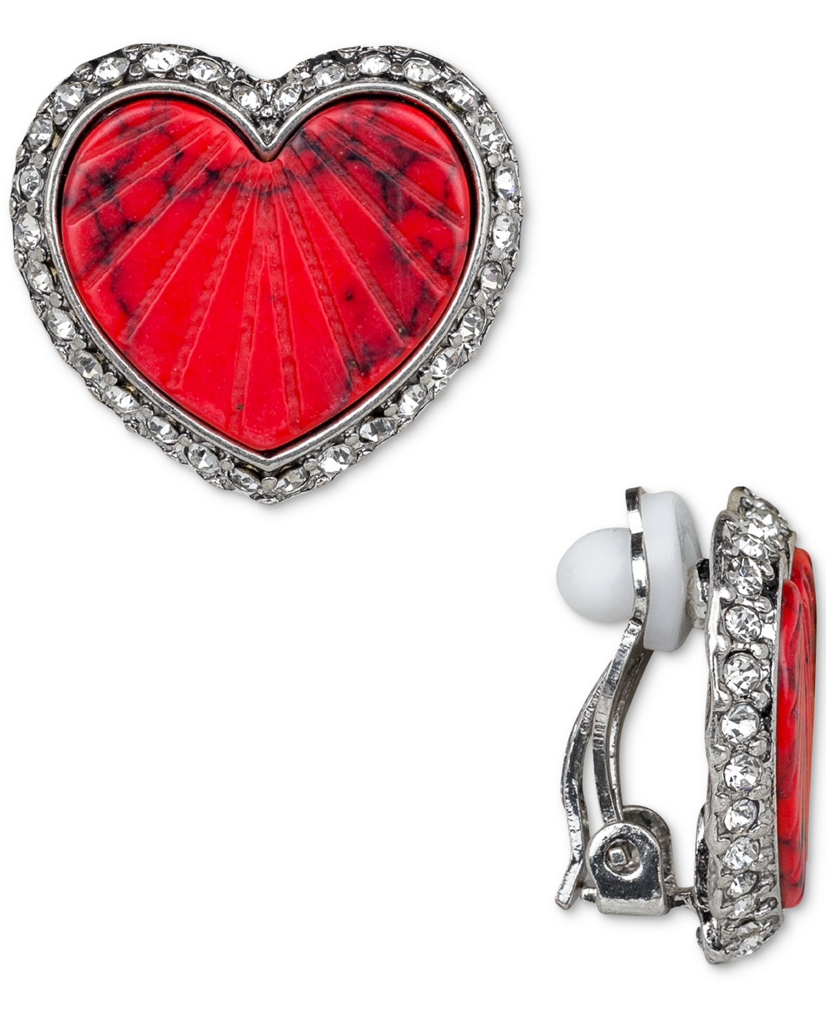 Patricia Nash Gold-tone Pave-framed Textured Colored Stone Heart Clip-on Button Earrings In Silver Ox