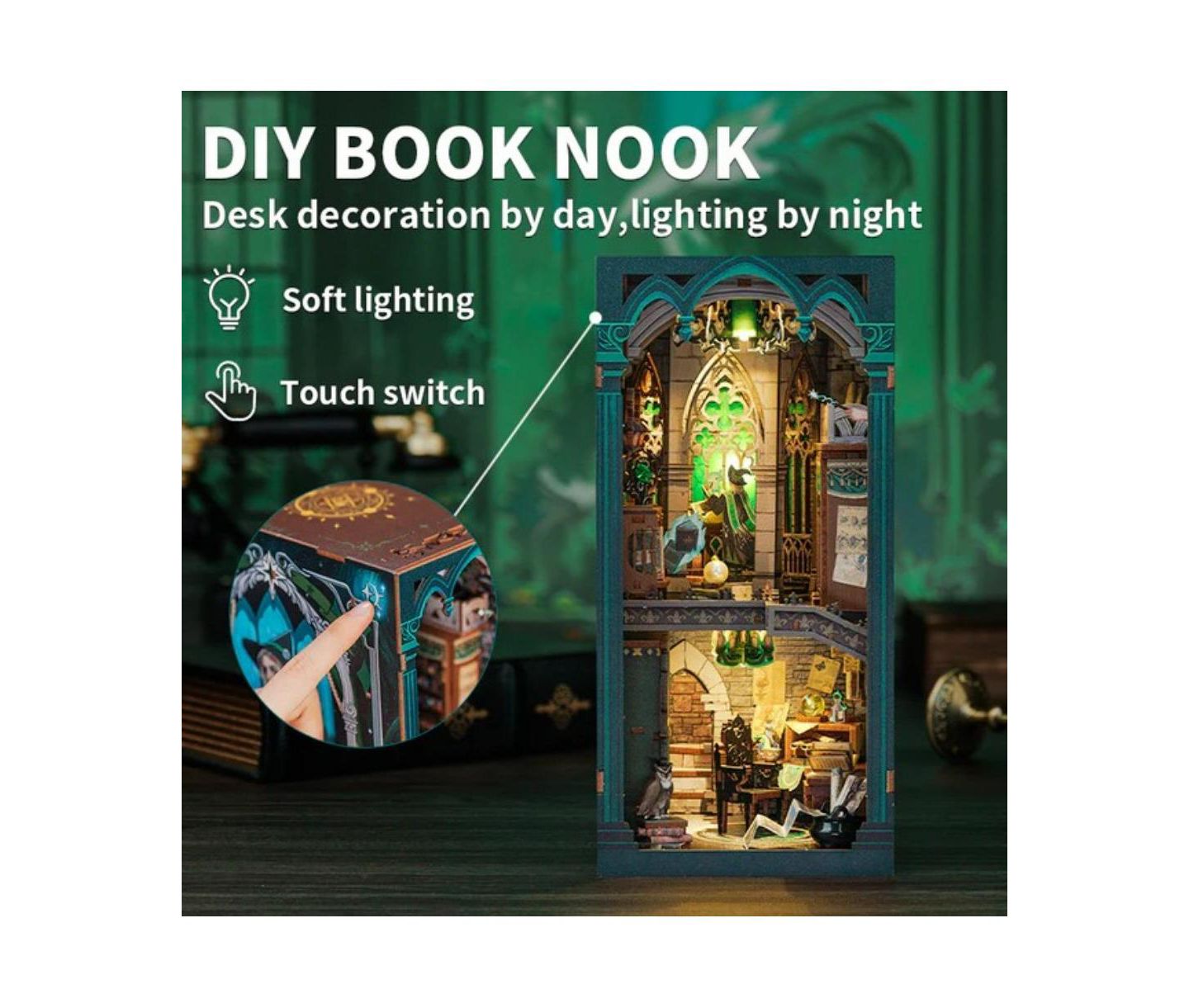 Детские куклы Cutebee Darkness Common Room DIY Book Nook Kit with LED Light, Premium Wood, Ages 14+, цвет: Зелёный — фото 3