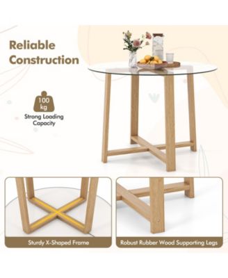 42 Inches Round Glass Dining Table with Tempered Glass Tabletop and Rubber Wood Legs