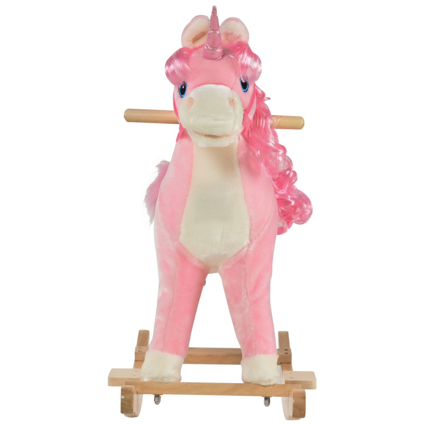 Детская игрушка Qaba Kids Rocking Horse, Ride on Unicorn w/ Wooden Base, Tail Wag & Sounds, цвет: Розовый — фото 7