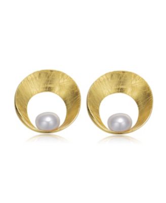 Sterling Silver 14K Gold Plated with Genuine Freshwater Round Pearl Stud Earrings