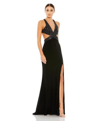 MAC DUGGAL クロスバック ガウン Sequined & Criss-Cross Mac Duggal Criss Cross Halter Sleeveless Cut Out Embellished