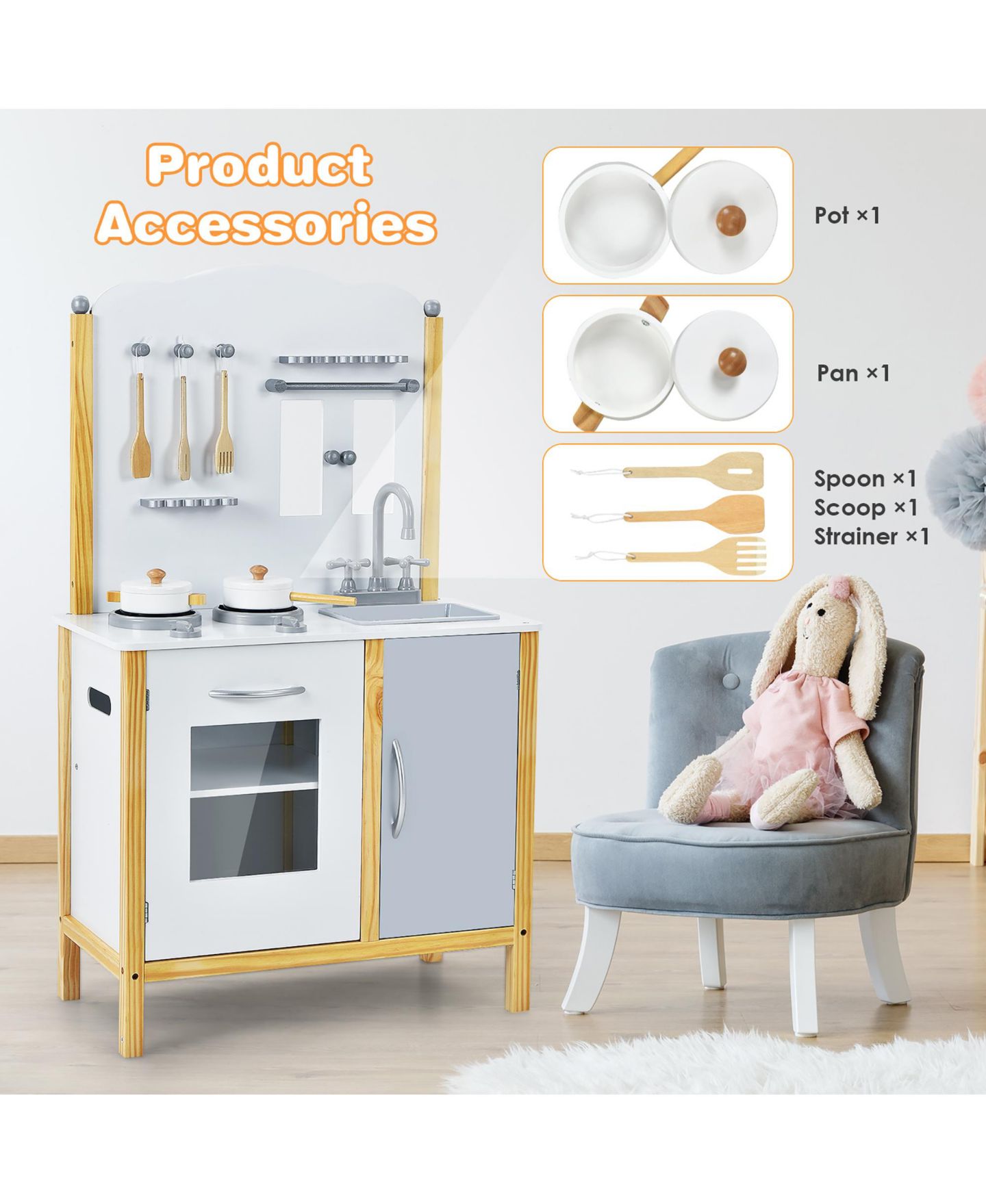 Детские игрушки Costway Play Kitchen with Storage Cabinet 6-Piece Set, Ages 3+, цвет: Белый — фото 7