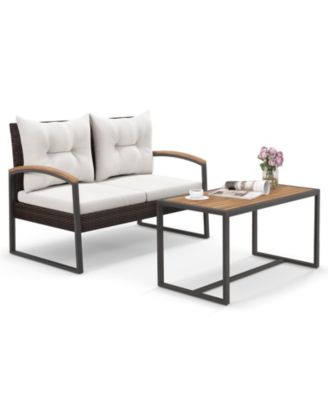 2 Pieces Patio PE Wicker Furniture Set with Acacia Wood Table