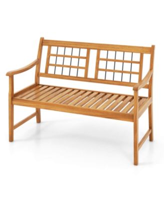 Patio Acacia Wood Bench with Curved Armrests Slatted Seat and Backrest