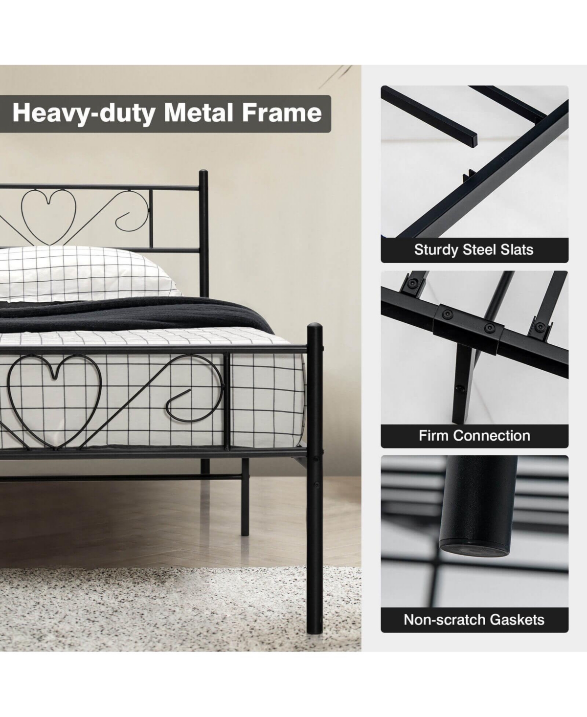 Gouun Twin Xl Metal Bed Frame with Heart-shaped Headboard