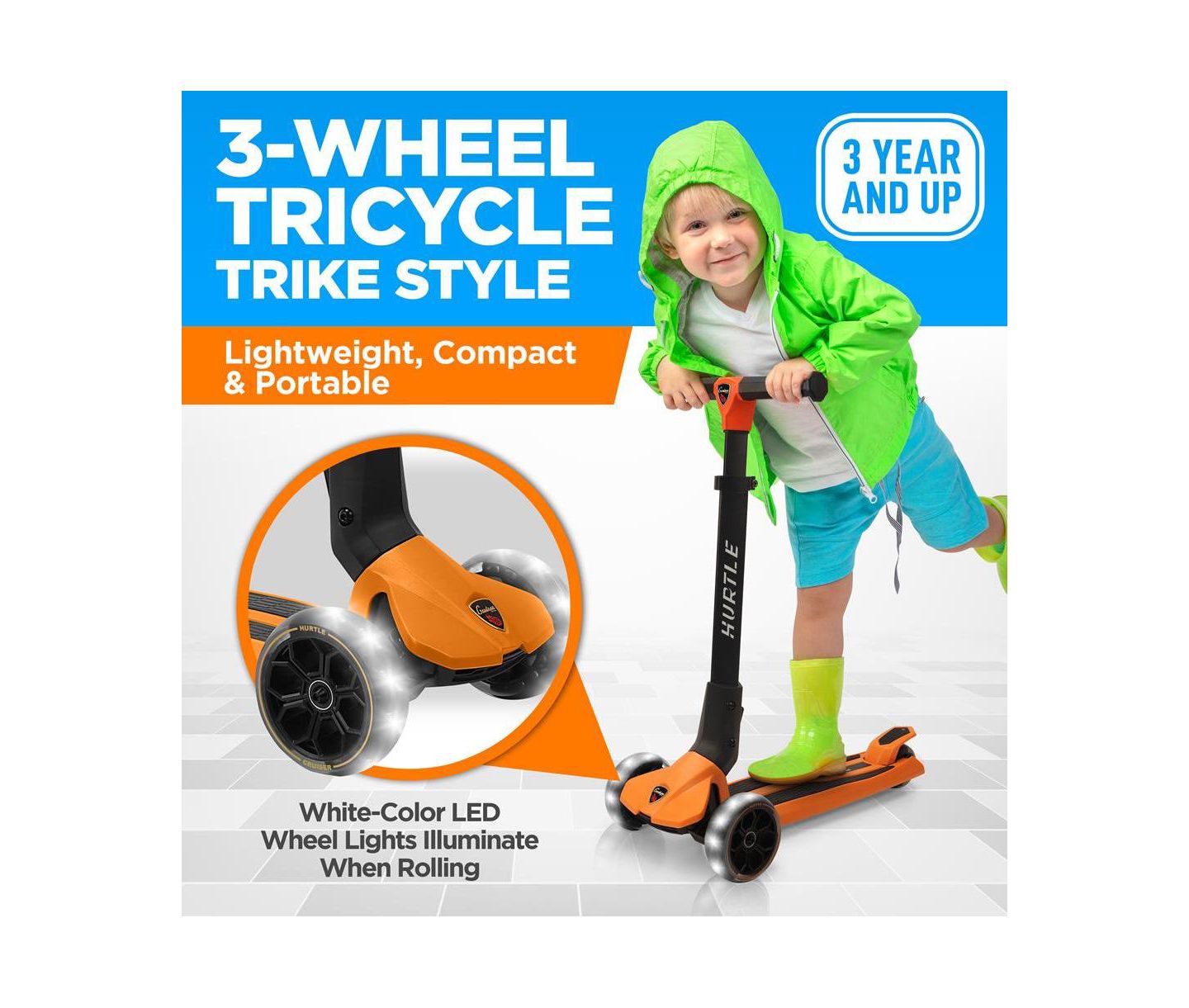 Детская игрушка Hurtle 3-Wheel Foldable Kids Scooter With LED Wheel Lights - Orange — фото 5
