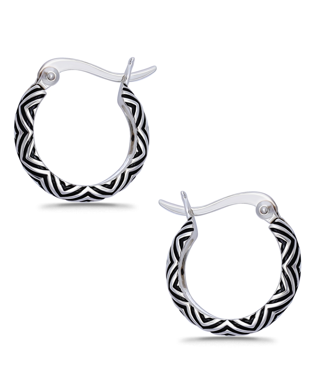 Macy's Oxidized Geometric Pattern Click Top Hoop Earrings In Silver