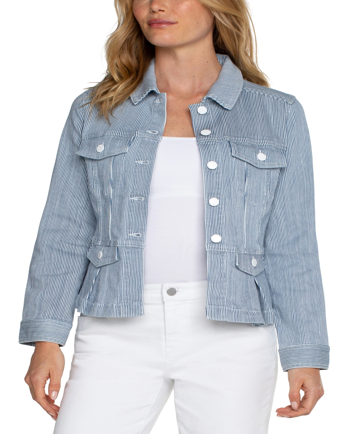 Liverpool Los Angeles Stripe Peplum Trucker Jacket In Chambray S