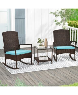 3 Pieces Rocking Wicker Bistro Set Outdoor Front Porch Rocker Chairs Conversation Set Turquoise