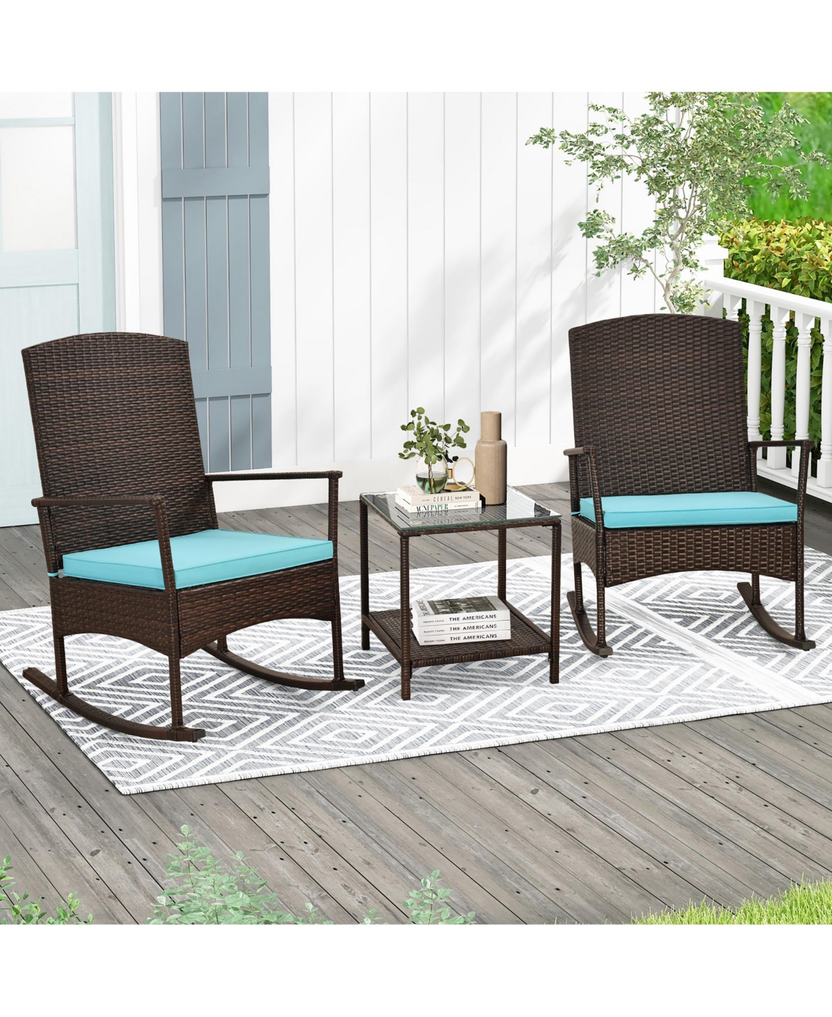 Gymax 3 Pieces Rocking Wicker Bistro Set Outdoor Front Porch Rocker Chairs Conversation Set- Turquoise/aqua+mix brown