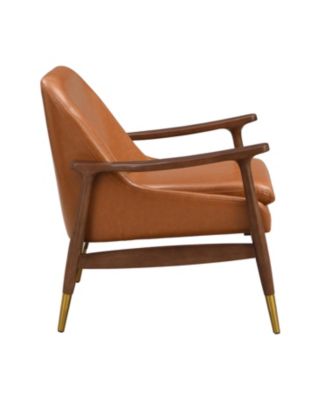 9.2'' Mid-Century Faux Leather Accent Chair with Cushioned Seat, Solid Wood Frame, and Brass-Tipped Legs，Brown