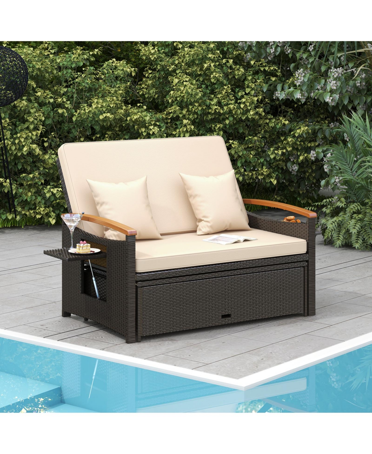 Gouun Outdoor Wicker Daybed with Folding Panels and Storage Ottoman