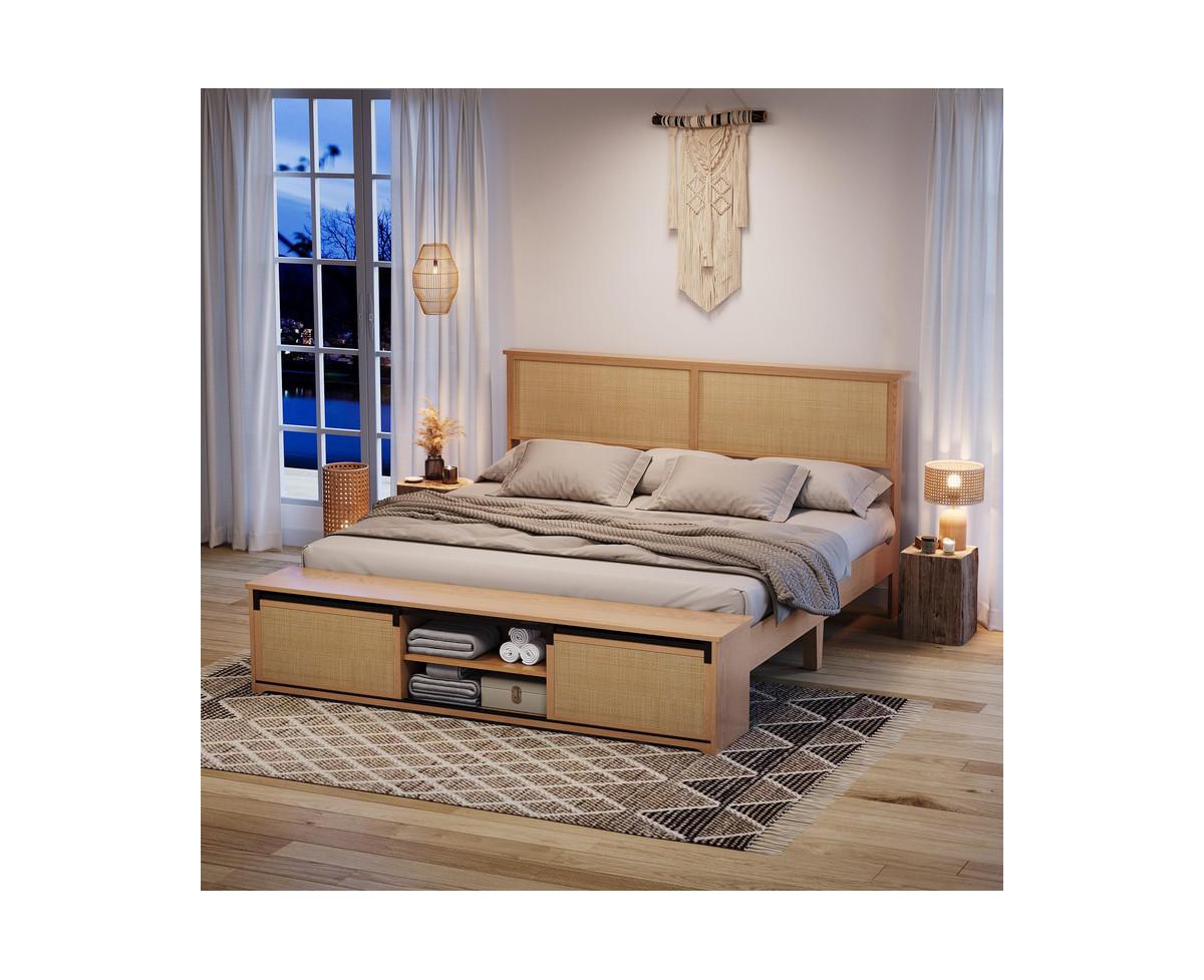 gaomon Natural Rattan Size Bed Frame with Sliding Barn Door Storage Cabinets and Headboard, Boho Farmhouse Wood Platform Bed with Solid Wood Legs