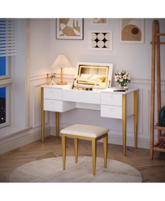 47" Makeup Vanity Desk with Flip Top Mirror and Lights, 3 Lighting Mode, 3 in 1 Vanity Table with 5 Drawers, Make Up Vanity Set with Chair for Bedroom