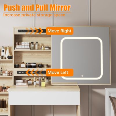 1 PC Wood Vanity Desk with Sliding Mirror and Lights, Makeup Vanity Set